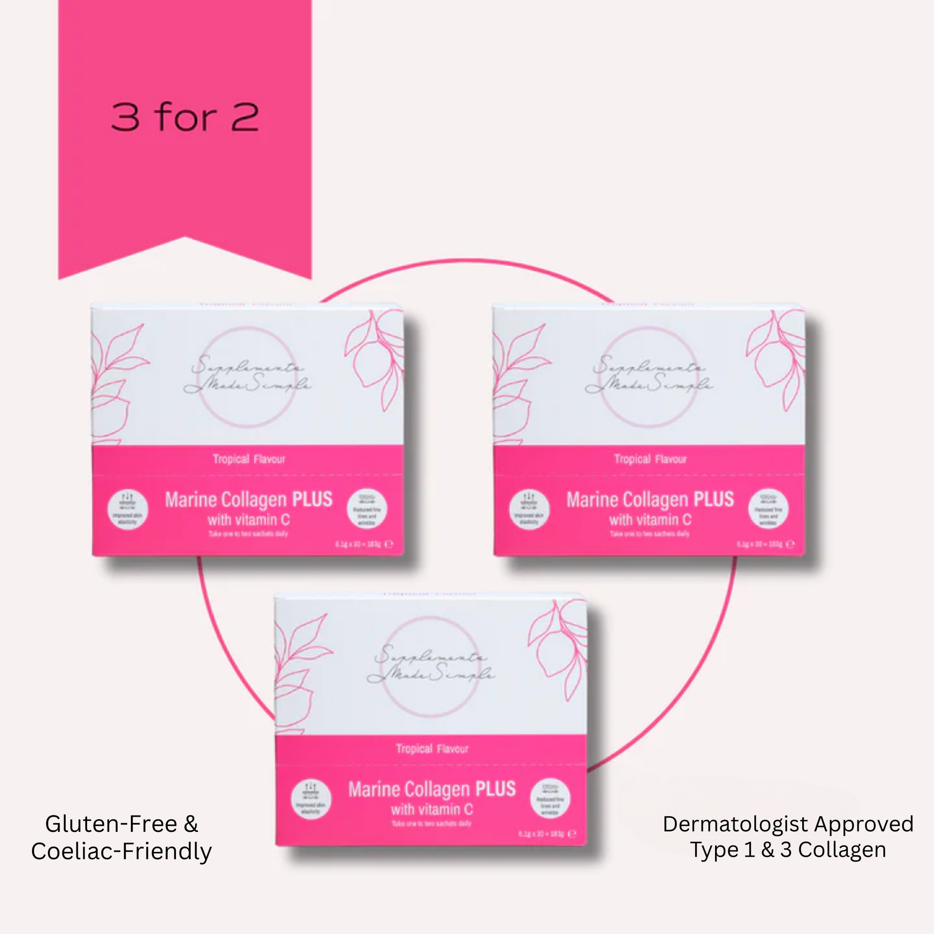 3 for 2 Marine Collagen PLUS with Vitamin C Bundle - Tropical - 3 x 30 Sachets - 5g Collagen per Sachet