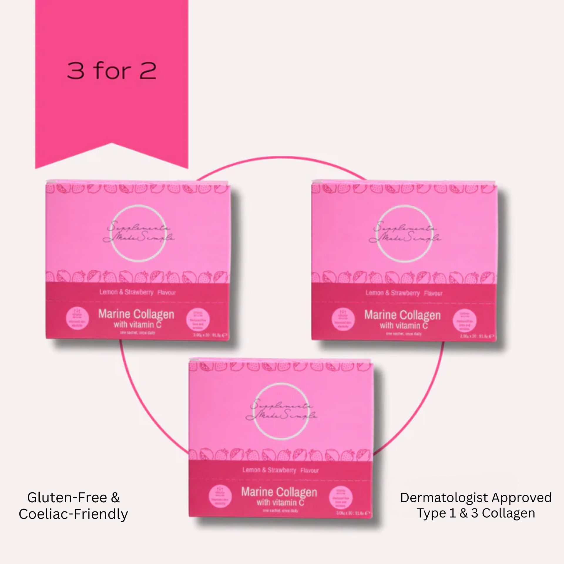 3 for 2 Marine Collagen with Vitamin C Bundle - Lemon & Strawberry - 3 x 30 Sachets - 2.5g Collagen per Sachet